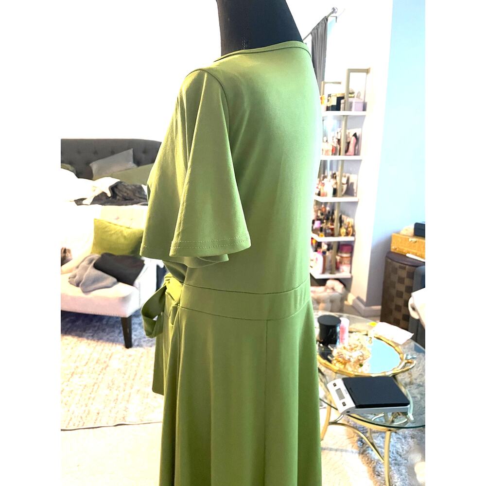 Spring Green Faux Wrap Knee-Length Dress XL Tie Waist Flutter Sleeve - Picture 4 of 4